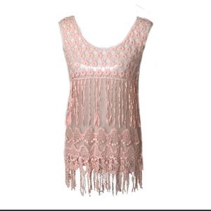 Say What Pink Mesh Crochet Fringe Tank Top XL